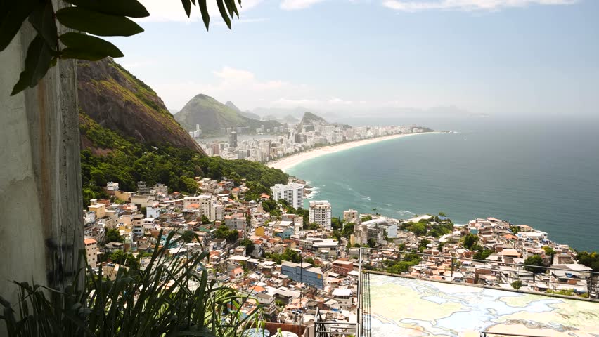 Rocinha Favela in Rio de Janeiro, colourful houses with mountains, Brazil. High quality 4k footage