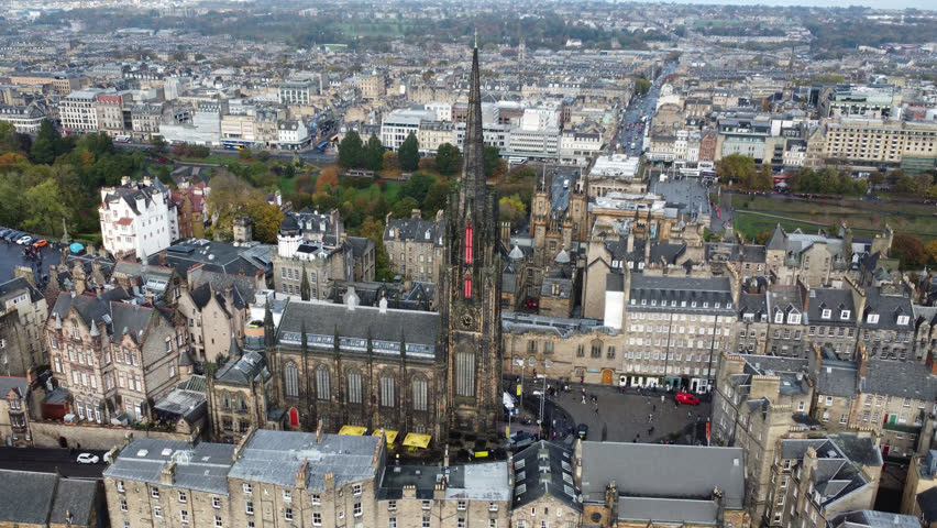 Edinburgh Scotland drone shot of the Scott Monument 