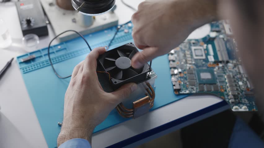 A technician is repairing intricate electronic components in a tech lab.