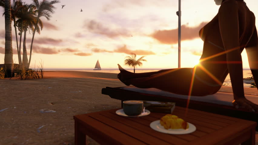 Woman on the beach with breakfast and yacht sailing at sunrise