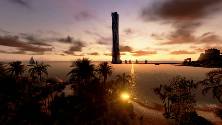 Tropical Island, Hotel on Coastline and yachts at sunset, timelapse