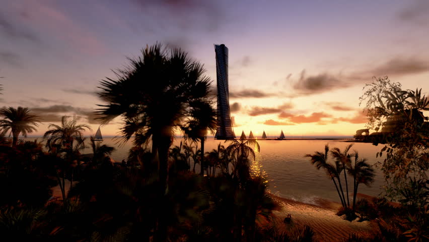 Tropical Island, Hotel on Coastline and yachts at sunset, panning