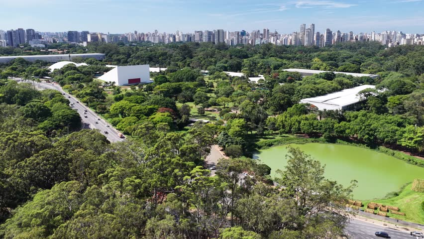 Ibirapuera Park In Sao Paulo Brazil. Recreation Park. Highrise Buildings. Beautiful Skyline. Ibirapuera Park In Sao Paulo Brazil. Wonders Of Sao Paulo Landmark. Recreation Park.