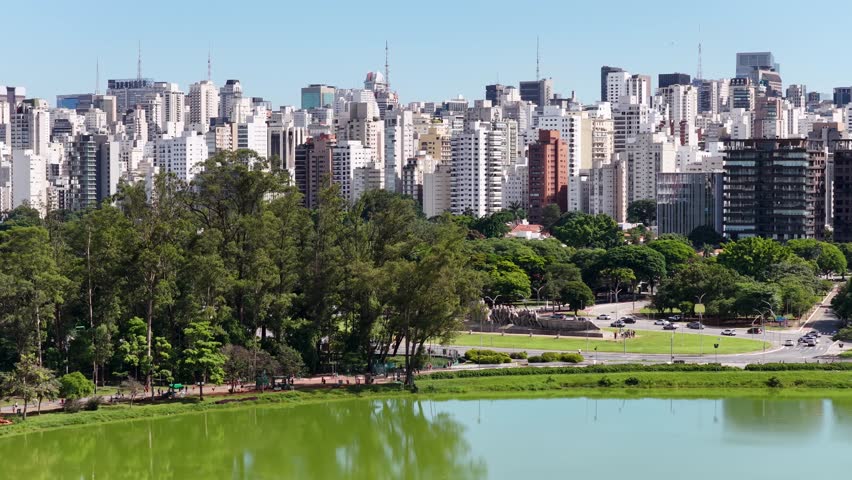 Ibirapuera Park In Sao Paulo Brazil. Leisure Park. Highrise Buildings. Beautiful Skyline. Ibirapuera Park In Sao Paulo Brazil. Wonders Of Sao Paulo Landmark.