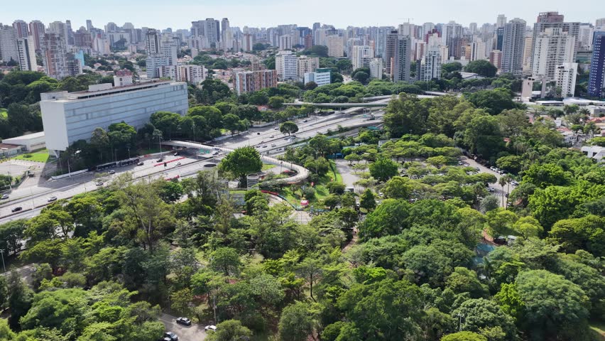 Ibirapuera Park In Sao Paulo Brazil. Highrise Buildings. Downtown District. Freeway Road. Ibirapuera Park In Sao Paulo Brazil. Beautiful Cityscape. Sao Paulo Brazil.