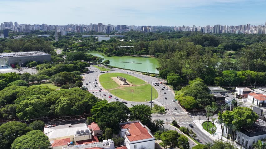 Ibirapuera Park In Sao Paulo Brazil. Leisure Park. Highrise Buildings. Beautiful Skyline. Ibirapuera Park In Sao Paulo Brazil. Wonders Of Sao Paulo Landmark.