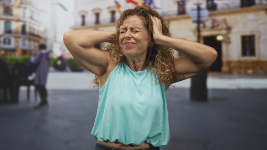Woman pressing hands over ears on a busy street in front of a historic building, eyes closed and wincing; frustration noise overload.