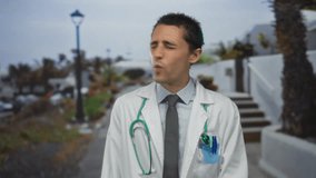 Young hispanic man doctor with stethoscope and uniform stands smiling outdoors in a serene street, embodying confidence and professionalism in a tropical setting. - Powered by Shutterstock - Get 15% off with code: PIKWIZARD15