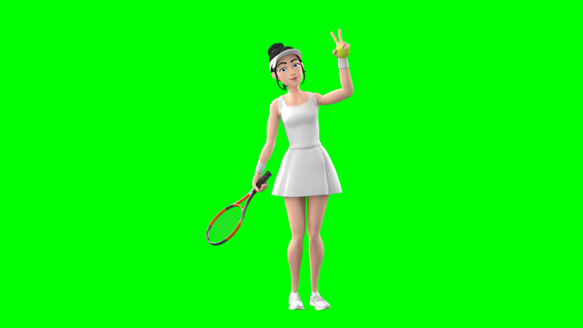 3D Tennis Player Girl Waving Hand Green Screen Animation for Sports Promotion, Fitness Content, Athlete Presentation, Social Media Ads, Training Videos, and Digital Marketing Use