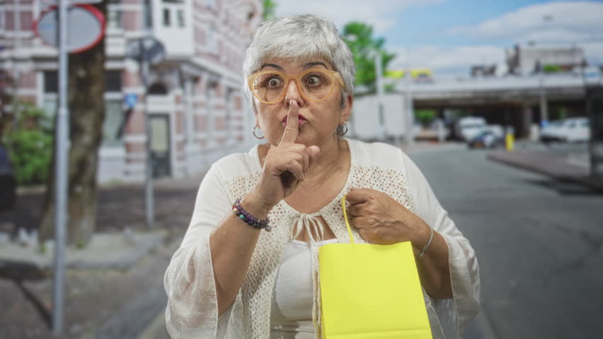 Senior woman holding yellow shopping bag with hand to chest and finger to lips for silence, on street; surprised secrecy.