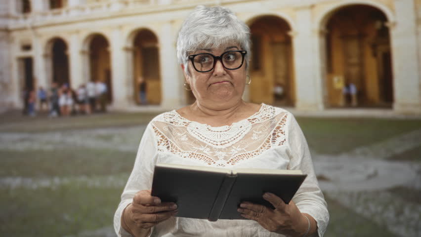 Woman reader wearing glasses with grey hair holding book, hand to chest and pointing finger, mouth open in a historic building courtyard; dramatic surprise.