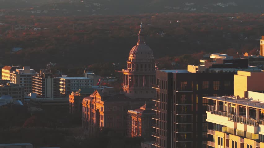4k drone footage of the state capital in downtown Austin Texas