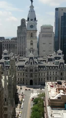 Aerial view of Philadelphia City Hall on a sunny day showcasing its magnificent architecture and surrounding urban landscape