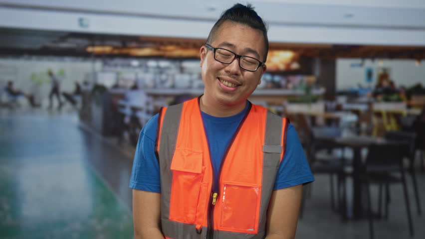 Young man in orange reflective vest smiles and faces camera in a restaurant building; friendly service.