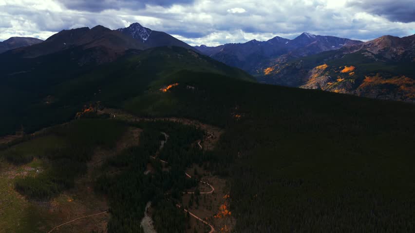 Fall Autumn Mount of the Holy Cross Wilderness Notch Mountain Vail Minturn Red Cliff aerial drone Cross Creek Half Moon Pass cloudy morning Rocky Mountains Colorado colorful Aspen trees forward pan