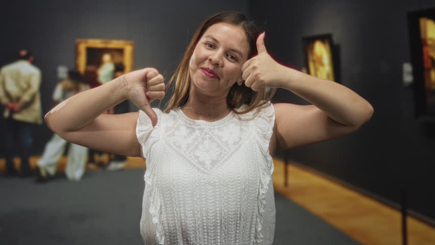 Woman with bare arms showing thumbs up and thumbs down gesture in gallery building; ambivalence choice.