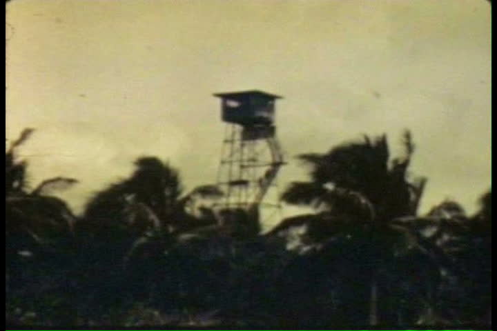 1940s - Camera towers are readied for a nuclear blast on Bikini Atoll.