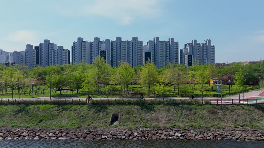 Aerial View of Geomam District and Ara Waterway in Incheon, South Korea