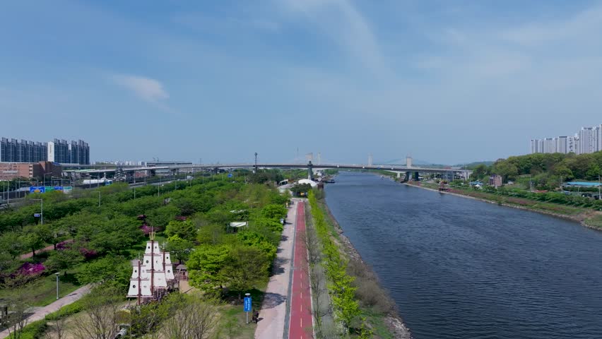 Aerial View of Geomam District and Ara Waterway in Incheon, South Korea