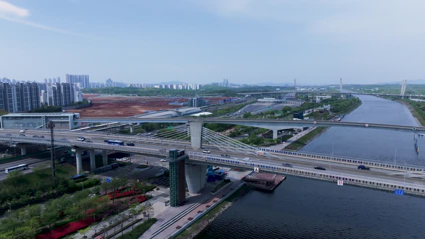 Aerial View of Geomam District and Ara Waterway in Incheon, South Korea