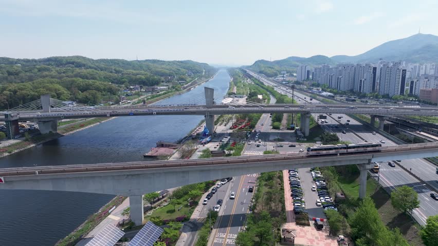 Aerial View of Geomam District and Ara Waterway in Incheon, South Korea