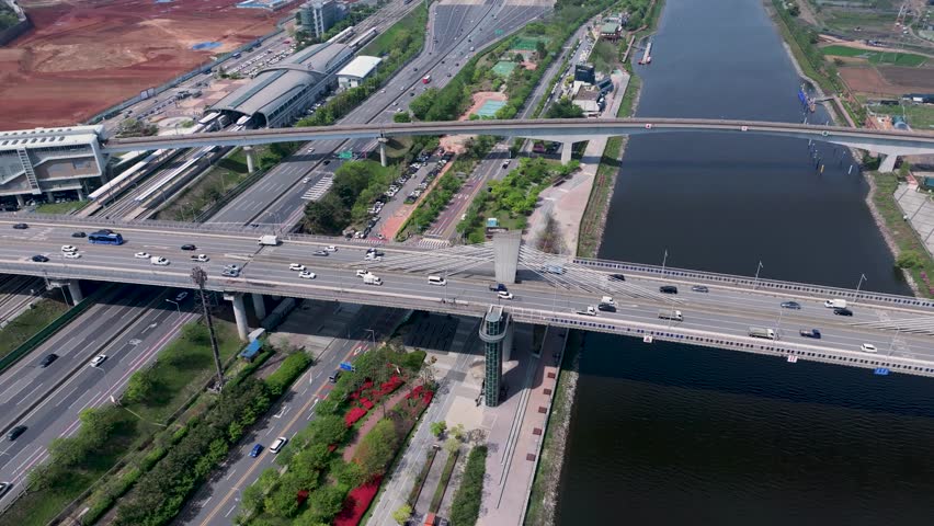 Aerial View of Geomam District and Ara Waterway in Incheon, South Korea