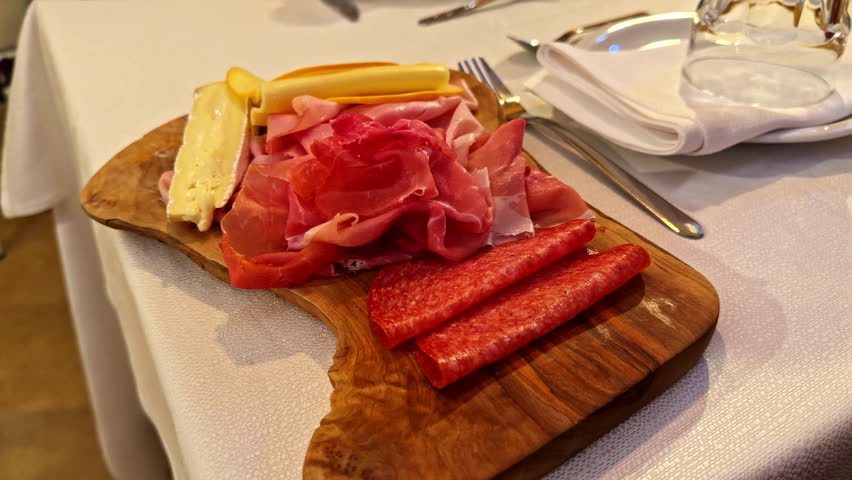 Close-up of a varied Italian platter with meat and cheese.
