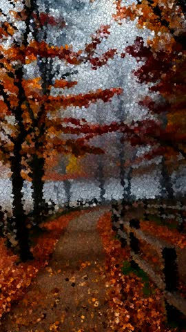 Winding Park Road Lined With Rustic Wooden Fences and Colorful Autumn Leaves in a Foggy Morning, Made of Cubes