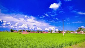 A tranquil landscape unfolds with lush green field, a gentle stream and a path leading to a small pond framed by trees, all under a brilliant blue sky with fluffy white clouds and the sun shining. - Powered by Shutterstock - Get 15% off with code: PIKWIZARD15