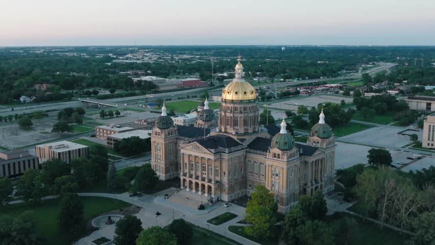 Dusk drone shot of the Des Moines Capitol building.