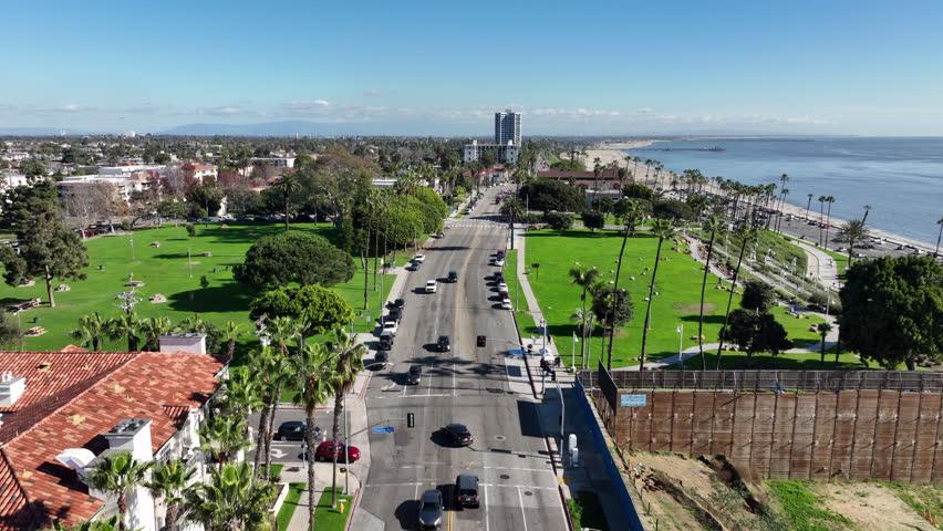 Long Beach, California USA - Aerial View of Drone on Ocean Blvd Overlooking the Coast on a Sunny Day