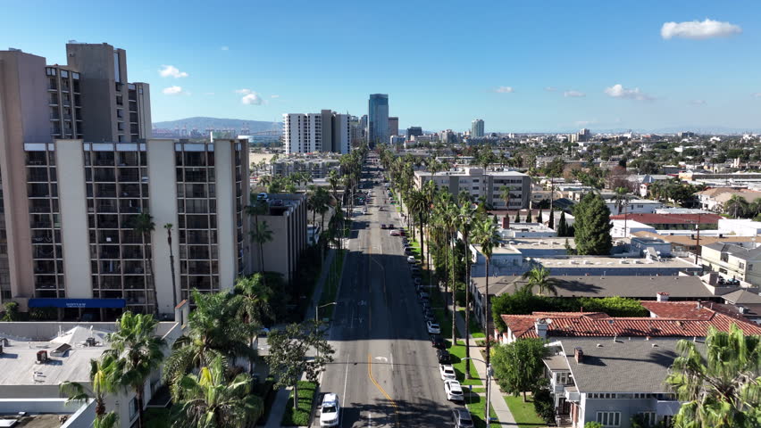 Long Beach, California USA - Aerial View of Ocean Blvd Flying Over Buildings