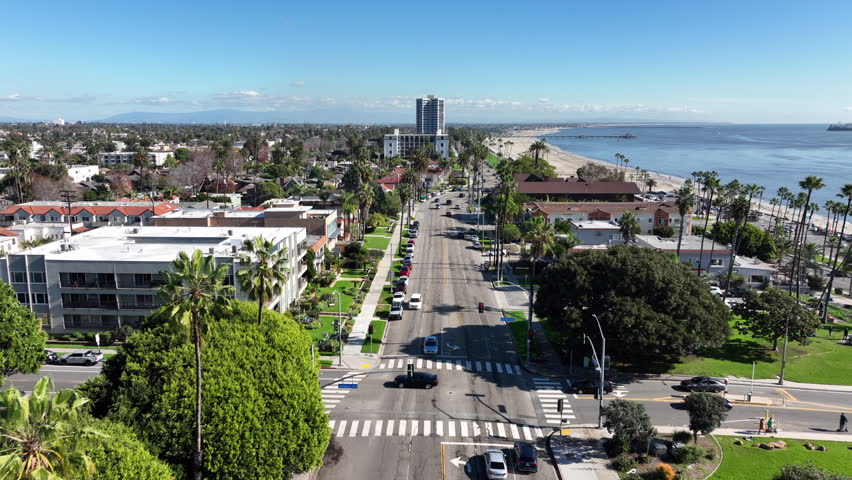 Long Beach, California USA - Aerial View of Drone on Ocean Blvd Overlooking the Pacific Coast