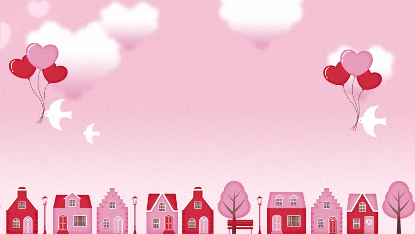 pink background with houses, heart balloons and birds flying in the sky animation for Valentine