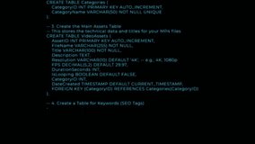 A cinematic, vertical-scrolling shot of SQL database schema code on a dark background. The code features syntax highlighting in teal and white, illustrating the creation of data tables, primary keys, and asset management logic. - Powered by Shutterstock - Get 15% off with code: PIKWIZARD15