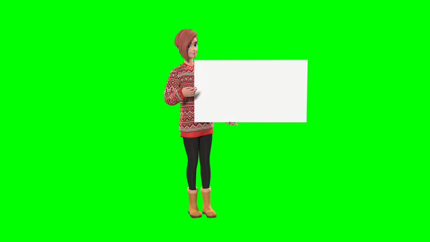 3D Green Screen Emma Holding Card Presentation Character. 3D female character Emma holding blank card on green screen for promotion, announcement, sale message, education, marketing, and digital presentation use