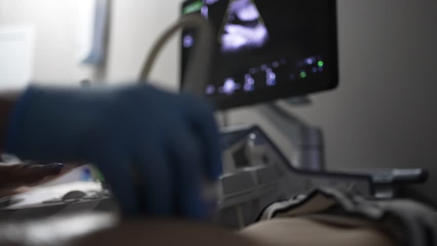 Obstetrician operating an ultrasound machine, examining a fetus on the monitor during a prenatal checkup for a pregnant woman in a modern clinic, focusing on the screen and doctor's hands