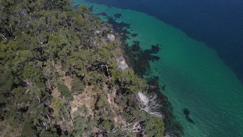 Bruny Island With Turquoise Seascape And Vegetation In Australia - Drone Shot