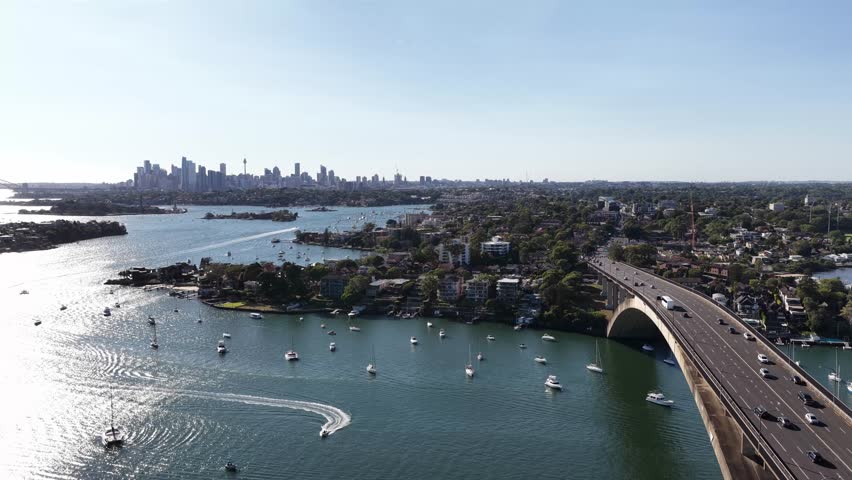 Landing over Parramatta river by Gladesvill bridge in Sydney west of Australia as 4k.