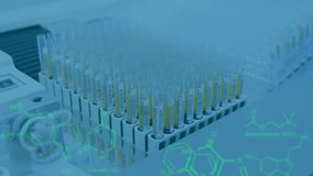 Animation of data processing over test tubes in lab. global science and digital interface concept digitally generated video. - Powered by Shutterstock - Get 15% off with code: PIKWIZARD15