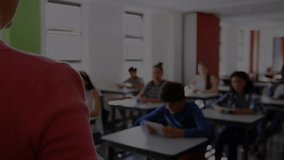 Binary coding data processing over group of diverse kids raising their hands in class at school. School and education technology concept - Powered by Shutterstock - Get 15% off with code: PIKWIZARD15