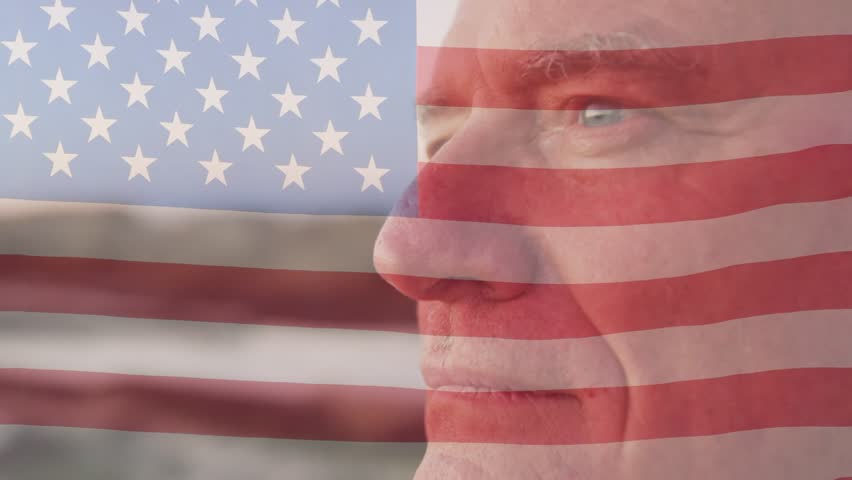 Animation of flag of usa over senior caucasian man. American patriotism and nation diversity concept digitally generated video.