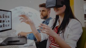 Animation of graphs, trading board, globe over caucasian woman using vr headsets in office. Digital composite, multiple exposure, coworker, teamwork, investment, database and technology concept. - Powered by Shutterstock - Get 15% off with code: PIKWIZARD15