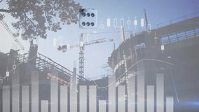 Animation of purple light trails and statistical data processing over construction site against dice. Business data technology concept - Powered by Shutterstock - Get 15% off with code: PIKWIZARD15