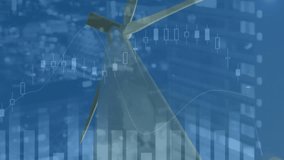 Animation of financial data processing over wind turbine. Global environment, sustainability, wind energy, business, computing and data processing concept digitally generated video. - Powered by Shutterstock - Get 15% off with code: PIKWIZARD15