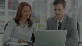 Animation of data processing over caucasian businessman and businesswoman discussing at office. Global finance and business technology concept - Powered by Shutterstock - Get 15% off with code: PIKWIZARD15