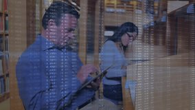 Man tapping tablet, woman writing notes in library, launching education streams and pulsing charts. Innovation, technology, data, analytics, digital, research, education - Powered by Shutterstock - Get 15% off with code: PIKWIZARD15