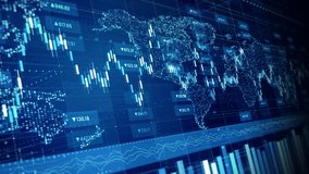 Digital candlestick chart over a world map in blue. Ideal for finance, trading, stock analysis, and investment backgrounds. - Powered by Shutterstock - Get 15% off with code: PIKWIZARD15