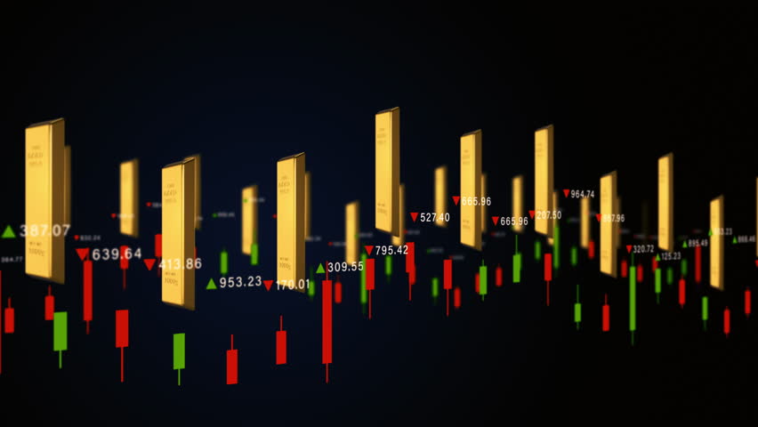 3D gold bars floating over red and green candlestick chart, representing commodity and gold trading market. Gold Investment background
