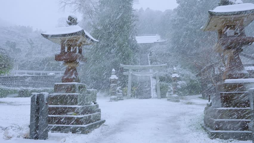 Heavy Snow over Japanese Shrine, Mikura on Ama Cho, Shimane Oki Islands, Japan